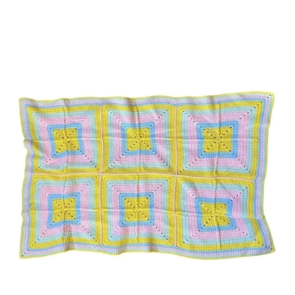 Afghan Crochet Throw Blanket Raised 3D Square Blanket Handmade Pastel Rainbow